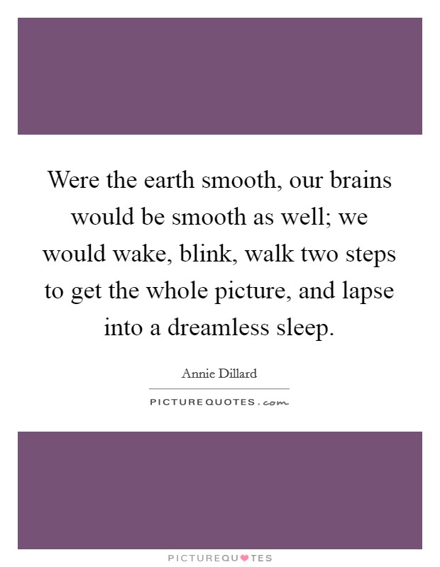 Were the earth smooth, our brains would be smooth as well; we would wake, blink, walk two steps to get the whole picture, and lapse into a dreamless sleep. Picture Quote #1