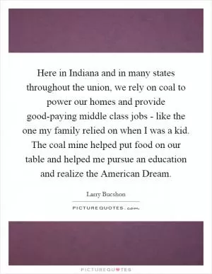 Here in Indiana and in many states throughout the union, we rely on coal to power our homes and provide good-paying middle class jobs - like the one my family relied on when I was a kid. The coal mine helped put food on our table and helped me pursue an education and realize the American Dream Picture Quote #1