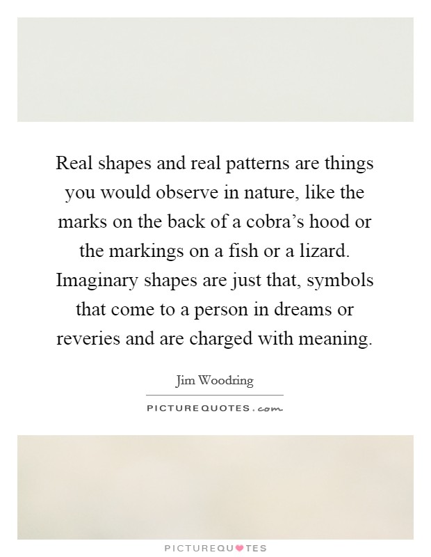 Real shapes and real patterns are things you would observe in nature, like the marks on the back of a cobra's hood or the markings on a fish or a lizard. Imaginary shapes are just that, symbols that come to a person in dreams or reveries and are charged with meaning. Picture Quote #1