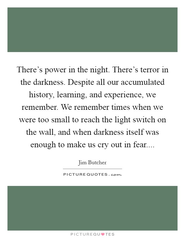 There's power in the night. There's terror in the darkness. Despite all our accumulated history, learning, and experience, we remember. We remember times when we were too small to reach the light switch on the wall, and when darkness itself was enough to make us cry out in fear.... Picture Quote #1