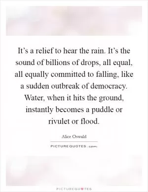 It’s a relief to hear the rain. It’s the sound of billions of drops, all equal, all equally committed to falling, like a sudden outbreak of democracy. Water, when it hits the ground, instantly becomes a puddle or rivulet or flood Picture Quote #1