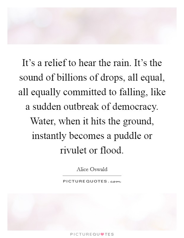 It's a relief to hear the rain. It's the sound of billions of drops, all equal, all equally committed to falling, like a sudden outbreak of democracy. Water, when it hits the ground, instantly becomes a puddle or rivulet or flood. Picture Quote #1