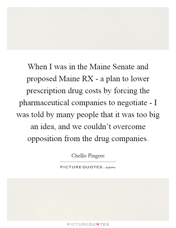 When I was in the Maine Senate and proposed Maine RX - a plan to lower prescription drug costs by forcing the pharmaceutical companies to negotiate - I was told by many people that it was too big an idea, and we couldn't overcome opposition from the drug companies. Picture Quote #1
