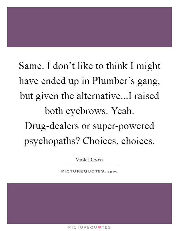 Same. I don't like to think I might have ended up in Plumber's gang, but given the alternative...I raised both eyebrows. Yeah. Drug-dealers or super-powered psychopaths? Choices, choices. Picture Quote #1