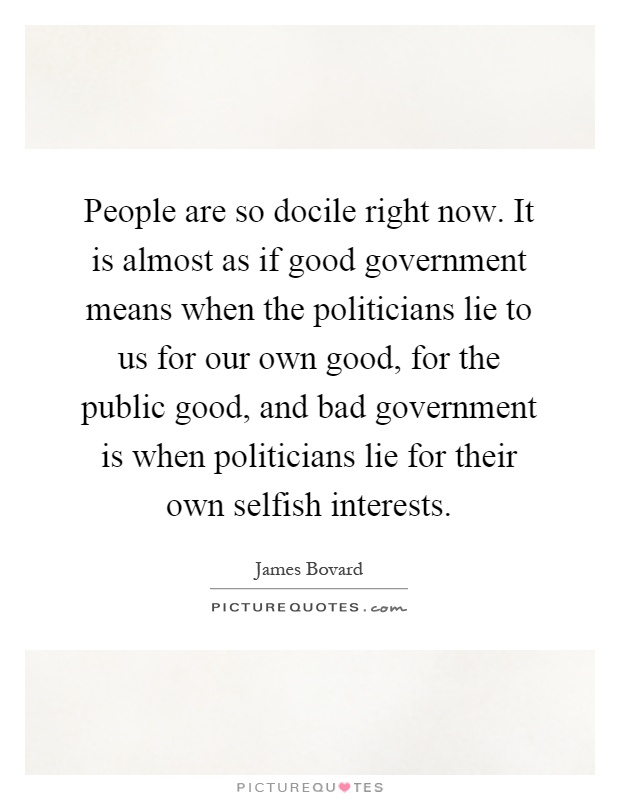 People are so docile right now. It is almost as if good government means when the politicians lie to us for our own good, for the public good, and bad government is when politicians lie for their own selfish interests Picture Quote #1