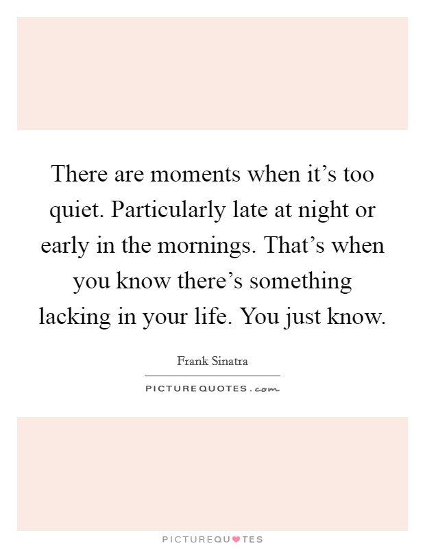There are moments when it's too quiet. Particularly late at night or early in the mornings. That's when you know there's something lacking in your life. You just know. Picture Quote #1