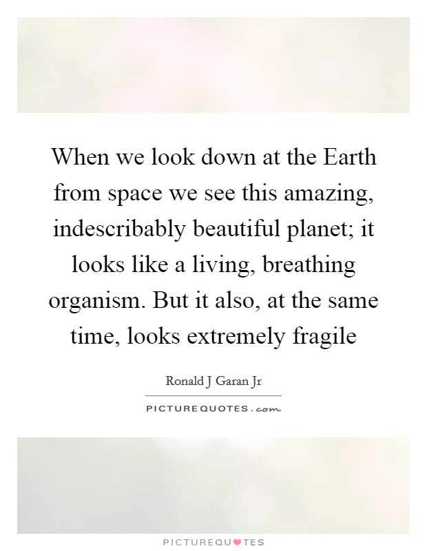 When we look down at the Earth from space we see this amazing, indescribably beautiful planet; it looks like a living, breathing organism. But it also, at the same time, looks extremely fragile Picture Quote #1
