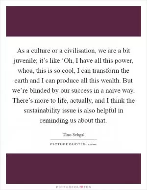 As a culture or a civilisation, we are a bit juvenile; it’s like ‘Oh, I have all this power, whoa, this is so cool, I can transform the earth and I can produce all this wealth. But we’re blinded by our success in a naive way. There’s more to life, actually, and I think the sustainability issue is also helpful in reminding us about that Picture Quote #1