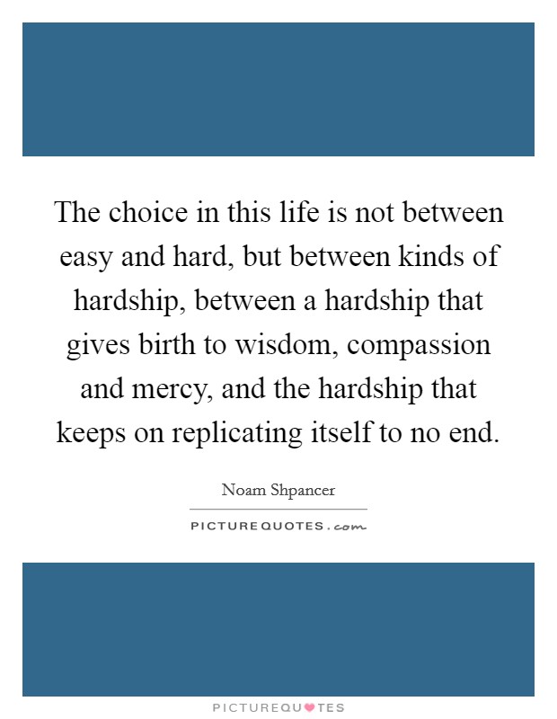 The choice in this life is not between easy and hard, but between kinds of hardship, between a hardship that gives birth to wisdom, compassion and mercy, and the hardship that keeps on replicating itself to no end. Picture Quote #1