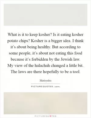 What is it to keep kosher? Is it eating kosher potato chips? Kosher is a bigger idea. I think it’s about being healthy. But according to some people, it’s about not eating this food because it’s forbidden by the Jewish law. My view of the halachah changed a little bit. The laws are there hopefully to be a tool Picture Quote #1