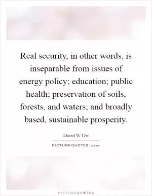 Real security, in other words, is inseparable from issues of energy policy; education; public health; preservation of soils, forests, and waters; and broadly based, sustainable prosperity Picture Quote #1