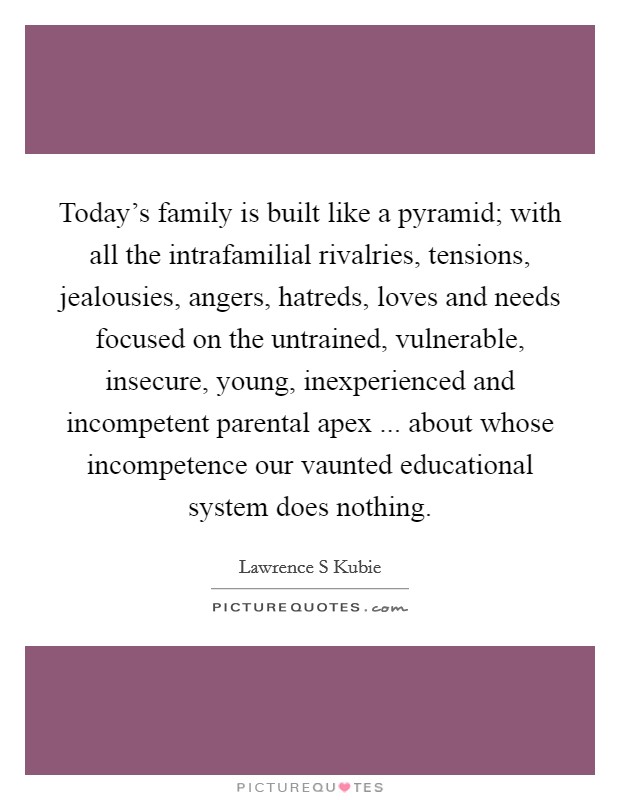Today's family is built like a pyramid; with all the intrafamilial rivalries, tensions, jealousies, angers, hatreds, loves and needs focused on the untrained, vulnerable, insecure, young, inexperienced and incompetent parental apex ... about whose incompetence our vaunted educational system does nothing. Picture Quote #1