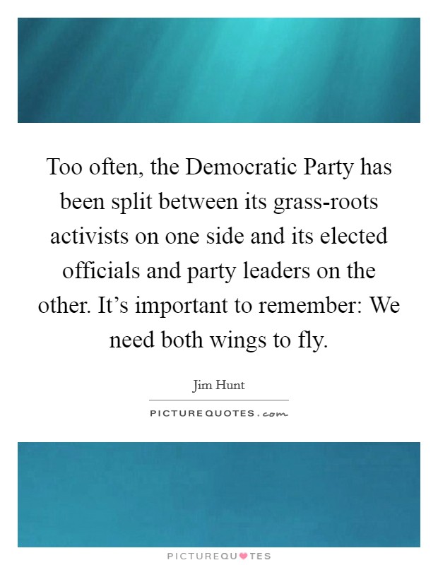 Too often, the Democratic Party has been split between its grass-roots activists on one side and its elected officials and party leaders on the other. It's important to remember: We need both wings to fly. Picture Quote #1