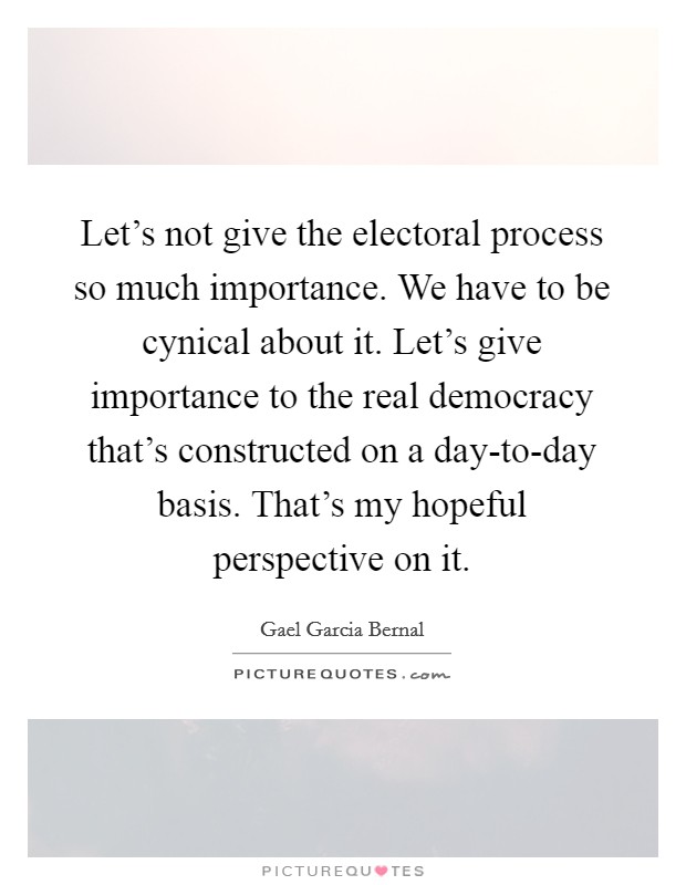 Let's not give the electoral process so much importance. We have to be cynical about it. Let's give importance to the real democracy that's constructed on a day-to-day basis. That's my hopeful perspective on it. Picture Quote #1