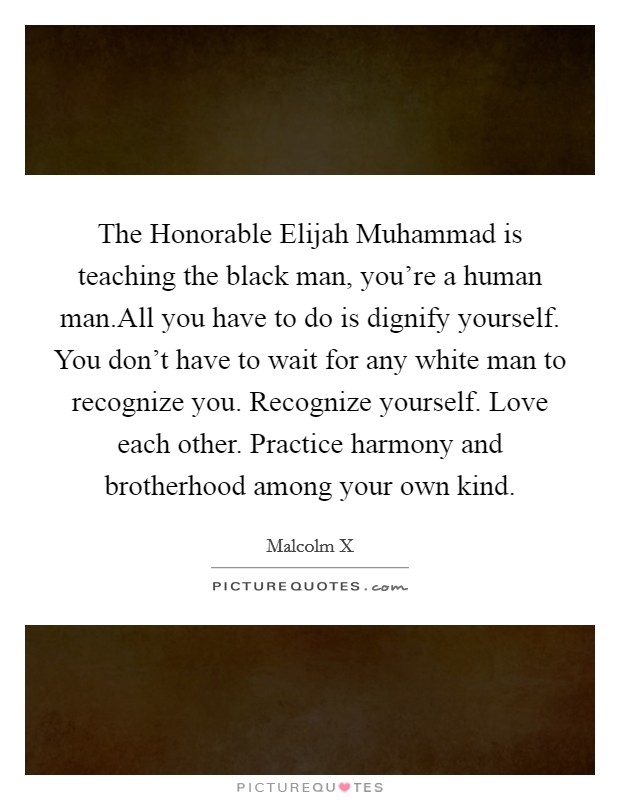 The Honorable Elijah Muhammad is teaching the black man, you're a human man.All you have to do is dignify yourself. You don't have to wait for any white man to recognize you. Recognize yourself. Love each other. Practice harmony and brotherhood among your own kind. Picture Quote #1
