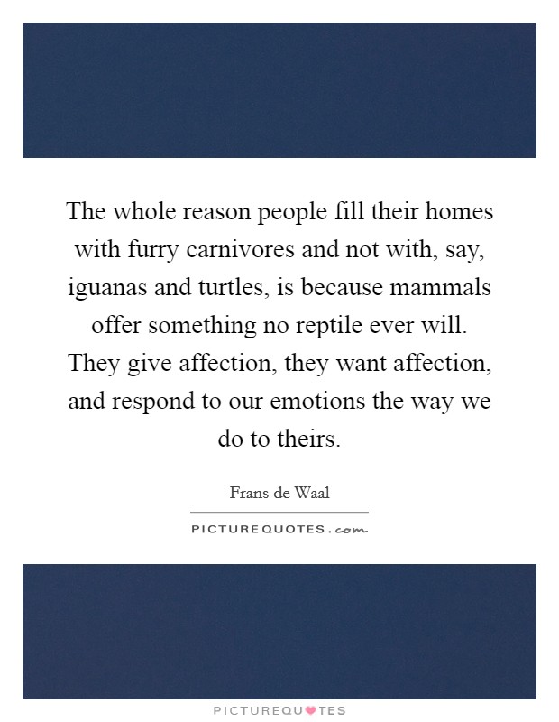 The whole reason people fill their homes with furry carnivores and not with, say, iguanas and turtles, is because mammals offer something no reptile ever will. They give affection, they want affection, and respond to our emotions the way we do to theirs. Picture Quote #1