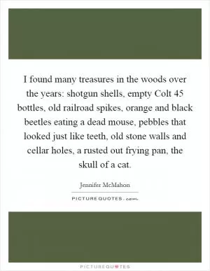 I found many treasures in the woods over the years: shotgun shells, empty Colt 45 bottles, old railroad spikes, orange and black beetles eating a dead mouse, pebbles that looked just like teeth, old stone walls and cellar holes, a rusted out frying pan, the skull of a cat Picture Quote #1