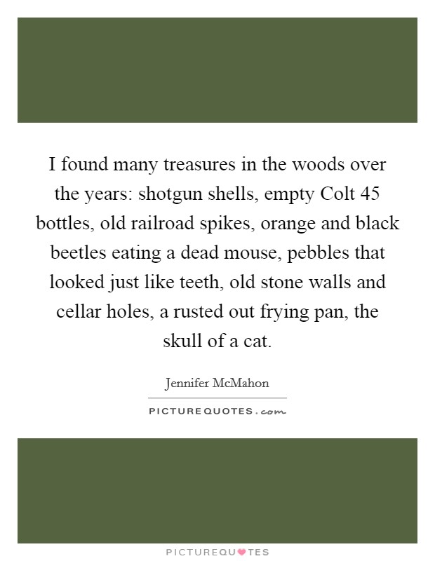 I found many treasures in the woods over the years: shotgun shells, empty Colt 45 bottles, old railroad spikes, orange and black beetles eating a dead mouse, pebbles that looked just like teeth, old stone walls and cellar holes, a rusted out frying pan, the skull of a cat. Picture Quote #1