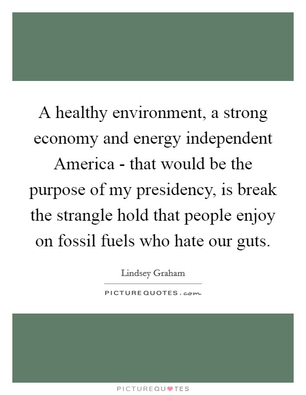 A healthy environment, a strong economy and energy independent America - that would be the purpose of my presidency, is break the strangle hold that people enjoy on fossil fuels who hate our guts. Picture Quote #1