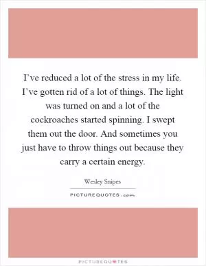 I’ve reduced a lot of the stress in my life. I’ve gotten rid of a lot of things. The light was turned on and a lot of the cockroaches started spinning. I swept them out the door. And sometimes you just have to throw things out because they carry a certain energy Picture Quote #1