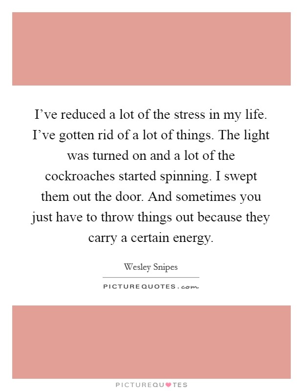 I've reduced a lot of the stress in my life. I've gotten rid of a lot of things. The light was turned on and a lot of the cockroaches started spinning. I swept them out the door. And sometimes you just have to throw things out because they carry a certain energy. Picture Quote #1