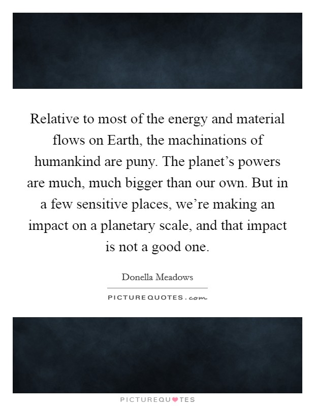 Relative to most of the energy and material flows on Earth, the machinations of humankind are puny. The planet's powers are much, much bigger than our own. But in a few sensitive places, we're making an impact on a planetary scale, and that impact is not a good one. Picture Quote #1