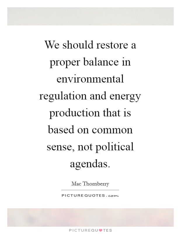 We should restore a proper balance in environmental regulation and energy production that is based on common sense, not political agendas. Picture Quote #1