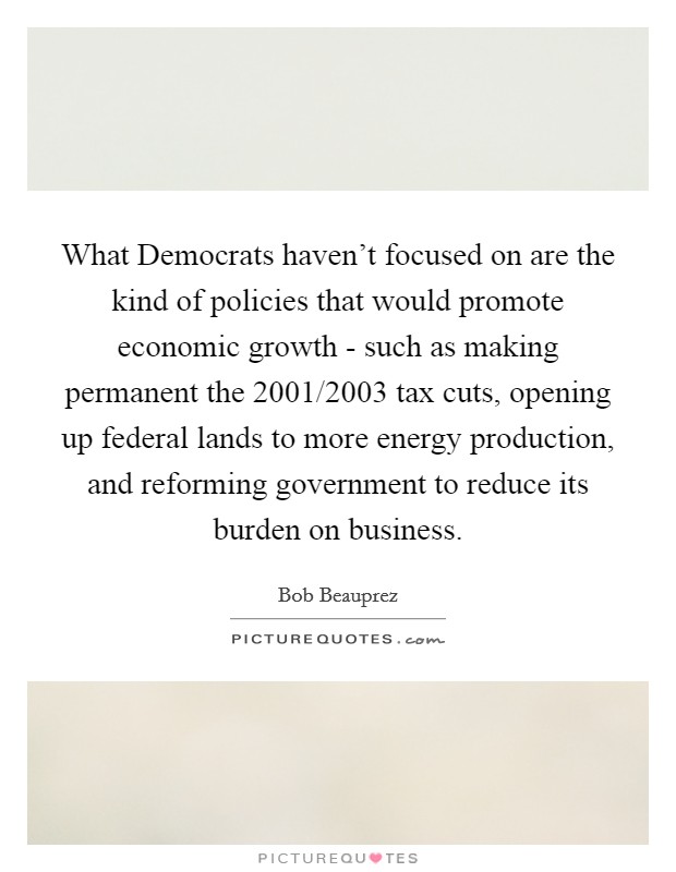 What Democrats haven't focused on are the kind of policies that would promote economic growth - such as making permanent the 2001/2003 tax cuts, opening up federal lands to more energy production, and reforming government to reduce its burden on business. Picture Quote #1