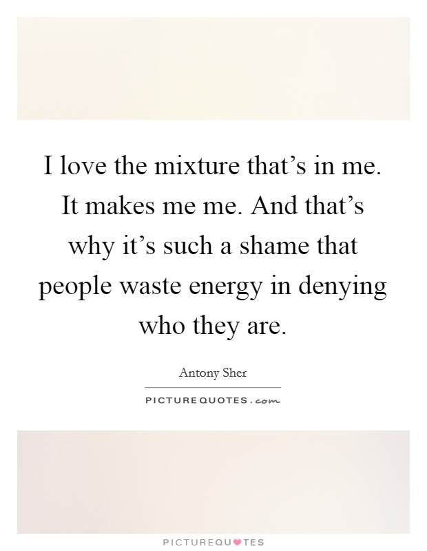 I love the mixture that's in me. It makes me me. And that's why it's such a shame that people waste energy in denying who they are. Picture Quote #1