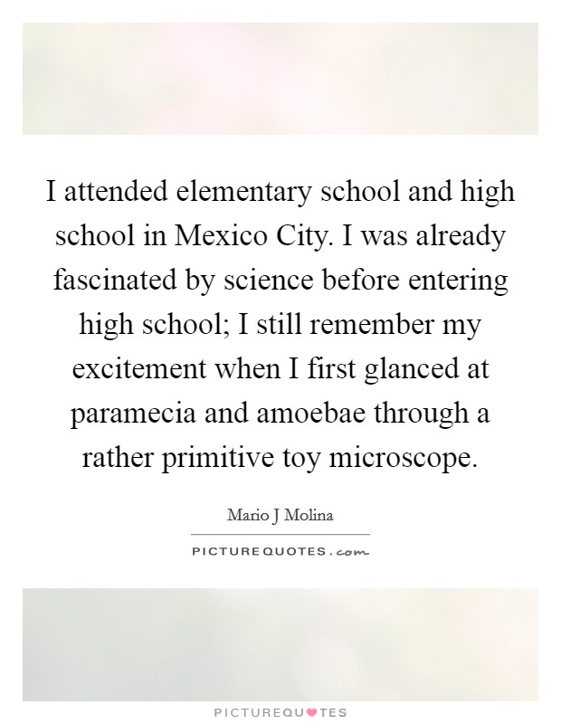 I attended elementary school and high school in Mexico City. I was already fascinated by science before entering high school; I still remember my excitement when I first glanced at paramecia and amoebae through a rather primitive toy microscope. Picture Quote #1