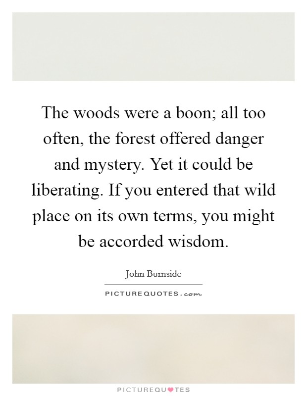 The woods were a boon; all too often, the forest offered danger and mystery. Yet it could be liberating. If you entered that wild place on its own terms, you might be accorded wisdom. Picture Quote #1