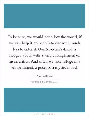 To be sure, we would not allow the world, if we can help it, to peep into our soul, much less to enter it. Our No-Man’s-Land is hedged about with a wire entanglement of insincerities. And often we take refuge in a temperament, a pose, or a mystic mood Picture Quote #1