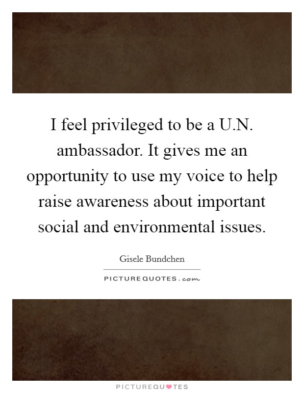 I feel privileged to be a U.N. ambassador. It gives me an opportunity to use my voice to help raise awareness about important social and environmental issues. Picture Quote #1