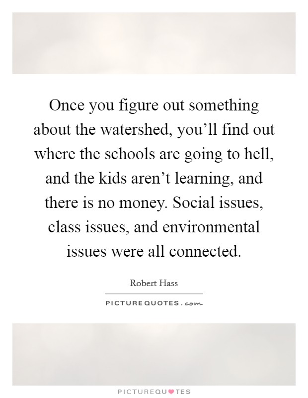 Once you figure out something about the watershed, you'll find out where the schools are going to hell, and the kids aren't learning, and there is no money. Social issues, class issues, and environmental issues were all connected. Picture Quote #1