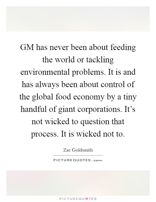 GM has never been about feeding the world or tackling environmental problems. It is and has always been about control of the global food economy by a tiny handful of giant corporations. It's not wicked to question that process. It is wicked not to. Picture Quote #1