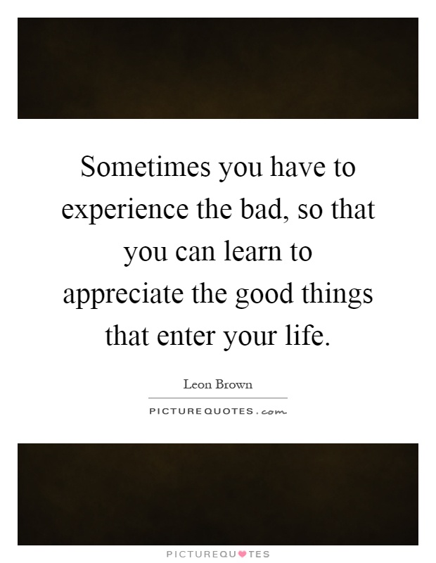 Sometimes you have to experience the bad, so that you can learn to appreciate the good things that enter your life Picture Quote #1