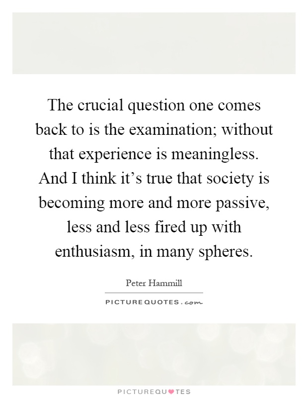 The crucial question one comes back to is the examination; without that experience is meaningless. And I think it's true that society is becoming more and more passive, less and less fired up with enthusiasm, in many spheres Picture Quote #1