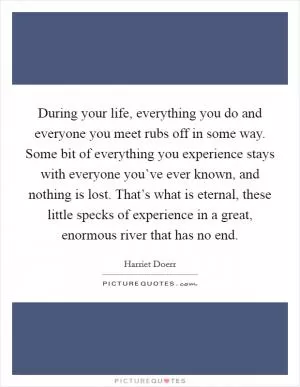 During your life, everything you do and everyone you meet rubs off in some way. Some bit of everything you experience stays with everyone you’ve ever known, and nothing is lost. That’s what is eternal, these little specks of experience in a great, enormous river that has no end Picture Quote #1