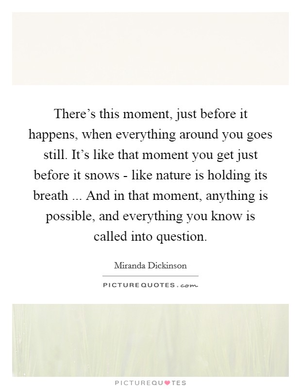There's this moment, just before it happens, when everything around you goes still. It's like that moment you get just before it snows - like nature is holding its breath ... And in that moment, anything is possible, and everything you know is called into question. Picture Quote #1