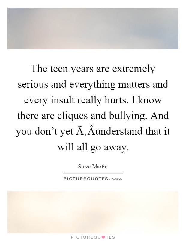 The teen years are extremely serious and everything matters and every insult really hurts. I know there are cliques and bullying. And you don't yet Ã‚Â­understand that it will all go away. Picture Quote #1