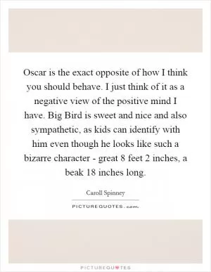 Oscar is the exact opposite of how I think you should behave. I just think of it as a negative view of the positive mind I have. Big Bird is sweet and nice and also sympathetic, as kids can identify with him even though he looks like such a bizarre character - great 8 feet 2 inches, a beak 18 inches long Picture Quote #1