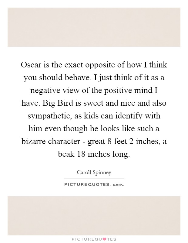 Oscar is the exact opposite of how I think you should behave. I just think of it as a negative view of the positive mind I have. Big Bird is sweet and nice and also sympathetic, as kids can identify with him even though he looks like such a bizarre character - great 8 feet 2 inches, a beak 18 inches long. Picture Quote #1