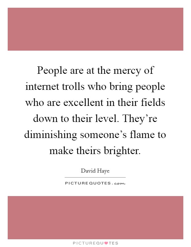 People are at the mercy of internet trolls who bring people who are excellent in their fields down to their level. They're diminishing someone's flame to make theirs brighter. Picture Quote #1