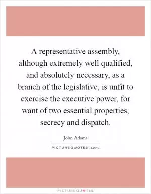 A representative assembly, although extremely well qualified, and absolutely necessary, as a branch of the legislative, is unfit to exercise the executive power, for want of two essential properties, secrecy and dispatch Picture Quote #1
