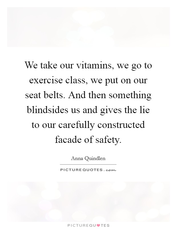 We take our vitamins, we go to exercise class, we put on our seat belts. And then something blindsides us and gives the lie to our carefully constructed facade of safety. Picture Quote #1