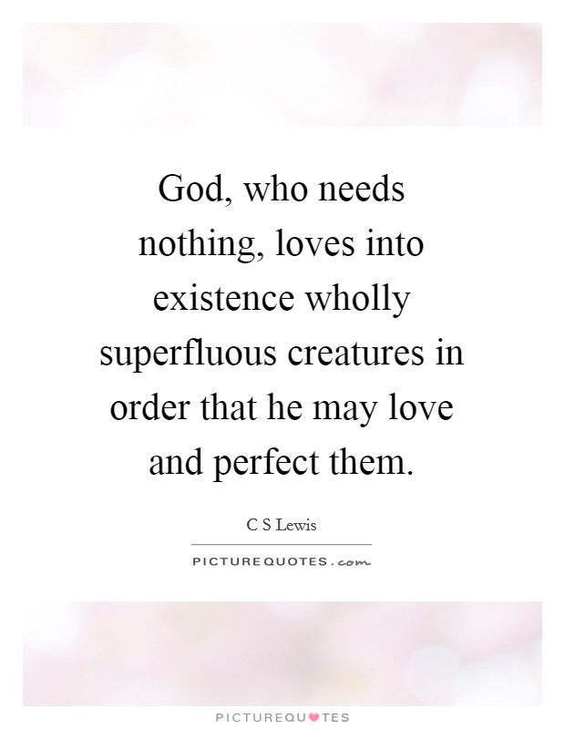 God, who needs nothing, loves into existence wholly superfluous creatures in order that he may love and perfect them. Picture Quote #1