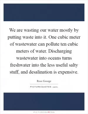 We are wasting our water mostly by putting waste into it. One cubic meter of wastewater can pollute ten cubic meters of water. Discharging wastewater into oceans turns freshwater into the less useful salty stuff, and desalination is expensive Picture Quote #1