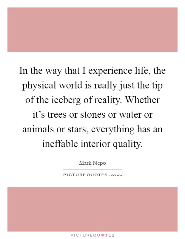 In the way that I experience life, the physical world is really just the tip of the iceberg of reality. Whether it’s trees or stones or water or animals or stars, everything has an ineffable interior quality Picture Quote #1