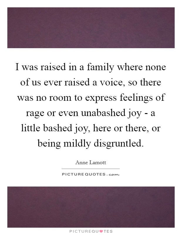 I was raised in a family where none of us ever raised a voice, so there was no room to express feelings of rage or even unabashed joy - a little bashed joy, here or there, or being mildly disgruntled. Picture Quote #1