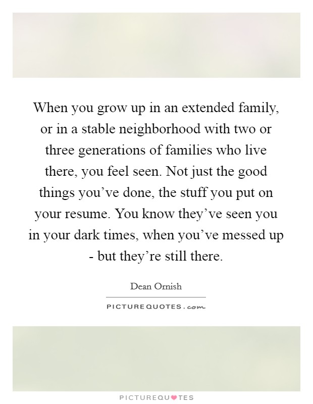When you grow up in an extended family, or in a stable neighborhood with two or three generations of families who live there, you feel seen. Not just the good things you've done, the stuff you put on your resume. You know they've seen you in your dark times, when you've messed up - but they're still there. Picture Quote #1